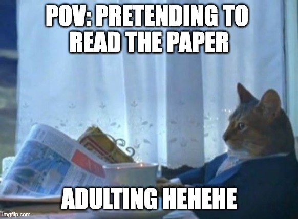 adulting in 8 years | POV: PRETENDING TO 
READ THE PAPER; ADULTING HEHEHE | image tagged in memes,i should buy a boat cat | made w/ Imgflip meme maker