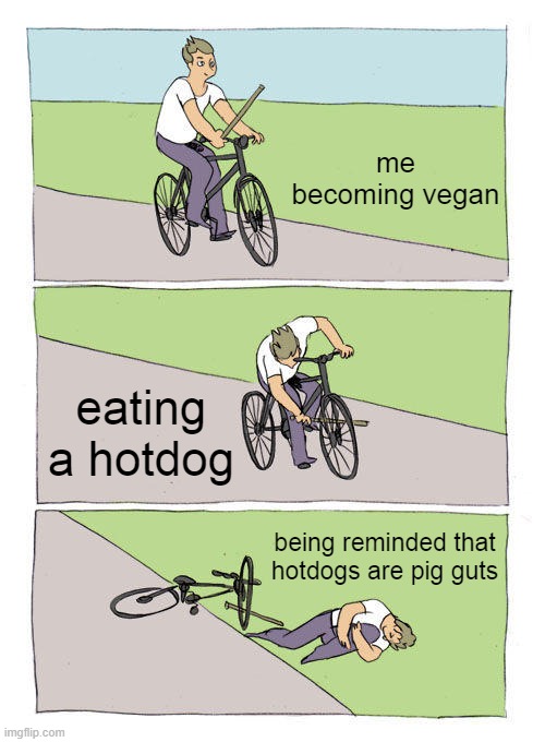 Bike Fall Meme | me becoming vegan; eating a hotdog; being reminded that hotdogs are pig guts | image tagged in memes,bike fall | made w/ Imgflip meme maker