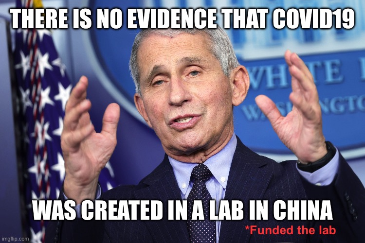 Fauchi | THERE IS NO EVIDENCE THAT COVID19 WAS CREATED IN A LAB IN CHINA *Funded the lab | image tagged in fauchi | made w/ Imgflip meme maker