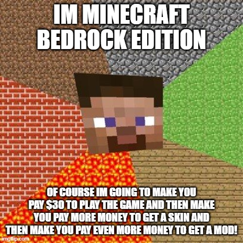 minecraft bedrock be like | IM MINECRAFT BEDROCK EDITION; OF COURSE IM GOING TO MAKE YOU PAY $30 TO PLAY THE GAME AND THEN MAKE YOU PAY MORE MONEY TO GET A SKIN AND THEN MAKE YOU PAY EVEN MORE MONEY TO GET A MOD! | image tagged in minecraft steve | made w/ Imgflip meme maker