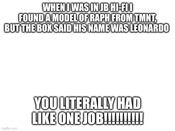 WHEN I WAS IN JB HI-FI I FOUND A MODEL OF RAPH FROM TMNT, BUT THE BOX SAID HIS NAME WAS LEONARDO; YOU LITERALLY HAD LIKE ONE JOB!!!!!!!!!! | made w/ Imgflip meme maker