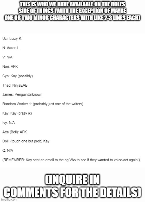 THIS IS WHO WE HAVE AVAILABLE ON THE ROLES SIDE OF THINGS (WITH THE EXCEPTION OF MAYBE ONE OR TWO MINOR CHARACTERS WITH LIKE 2-3 LINES EACH); (INQUIRE IN COMMENTS FOR THE DETAILS) | made w/ Imgflip meme maker