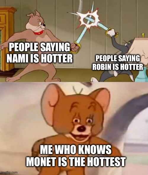 Tom and Jerry swordfight | PEOPLE SAYING NAMI IS HOTTER; PEOPLE SAYING ROBIN IS HOTTER; ME WHO KNOWS MONET IS THE HOTTEST | image tagged in tom and jerry swordfight | made w/ Imgflip meme maker