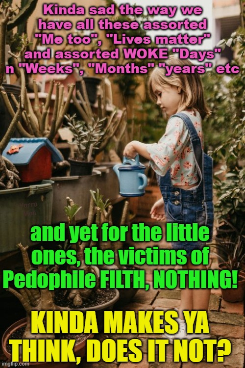 Ever wonder if anyone was left out of the "me too", "BLM", alphabet etc groups? | Kinda sad the way we have all these assorted "Me too", "Lives matter" and assorted WOKE "Days" n "Weeks", "Months" "years" etc; Yarra Man; and yet for the little ones, the victims of Pedophile FILTH, NOTHING! KINDA MAKES YA THINK, DOES IT NOT? | image tagged in little children,victims,pedophiles,judges,politicians,hollywood | made w/ Imgflip meme maker