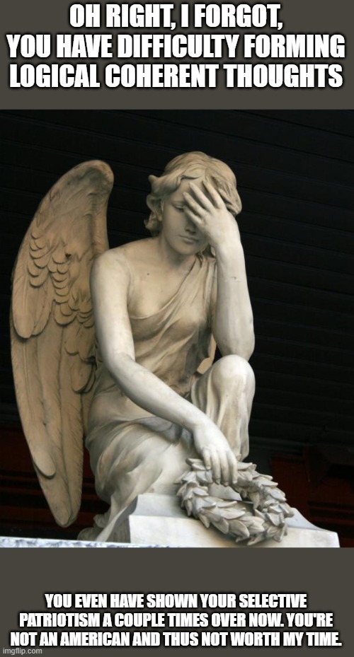 angel facepalm | OH RIGHT, I FORGOT, YOU HAVE DIFFICULTY FORMING LOGICAL COHERENT THOUGHTS YOU EVEN HAVE SHOWN YOUR SELECTIVE PATRIOTISM A COUPLE TIMES OVER  | image tagged in angel facepalm | made w/ Imgflip meme maker