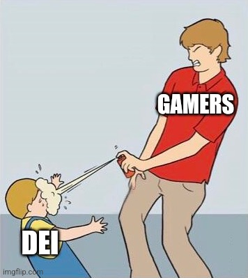 How gamers truly think about DEI | GAMERS; DEI | image tagged in spray kid,anti-dei | made w/ Imgflip meme maker