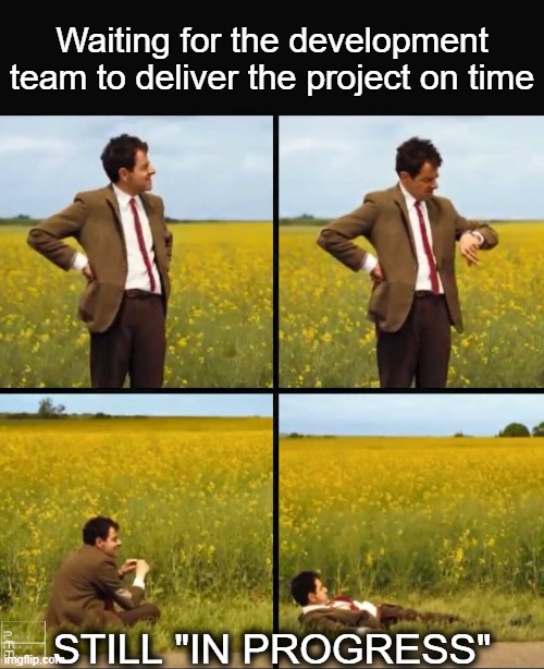 Mr bean waiting | Waiting for the development team to deliver the project on time; STILL "IN PROGRESS" | image tagged in mr bean waiting | made w/ Imgflip meme maker