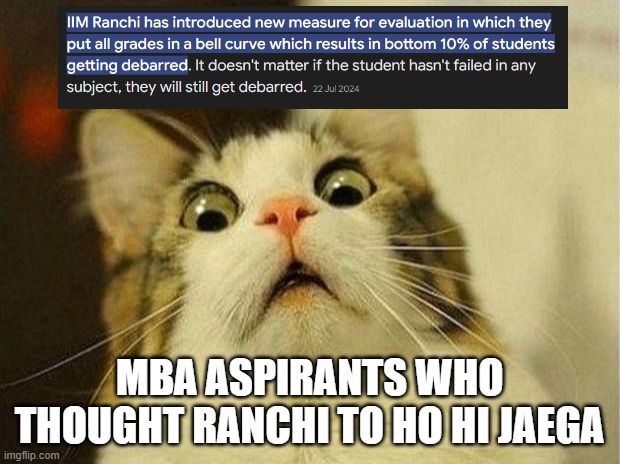 Scared Cat | MBA ASPIRANTS WHO THOUGHT RANCHI TO HO HI JAEGA | image tagged in memes,scared cat | made w/ Imgflip meme maker