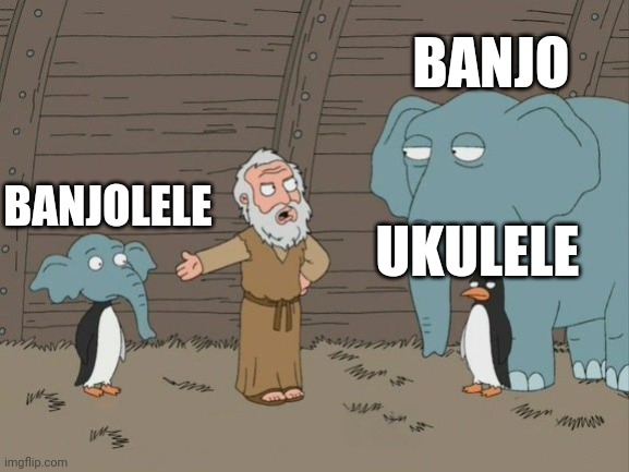 Noah's Ark Elefant Penguin Inbreeding | BANJO; BANJOLELE; UKULELE | image tagged in noah's ark elefant penguin inbreeding | made w/ Imgflip meme maker