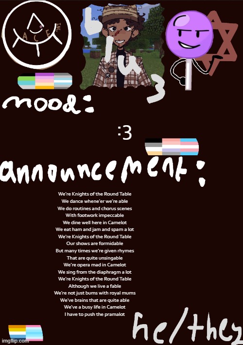 i have to push the pramalot,,, | :3; We're Knights of the Round Table
We dance whene'er we're able
We do routines and chorus scenes
With footwork impeccable
We dine well here in Camelot
We eat ham and jam and spam a lot
We're Knights of the Round Table
Our shows are formidable
But many times we're given rhymes
That are quite unsingable
We're opera mad in Camelot
We sing from the diaphragm a lot
We're Knights of the Round Table
Although we live a fable
We're not just bums with royal mums
We've brains that are quite able
We've a busy life in Camelot
I have to push the pramalot | image tagged in blu3 s gnarly sick temp | made w/ Imgflip meme maker