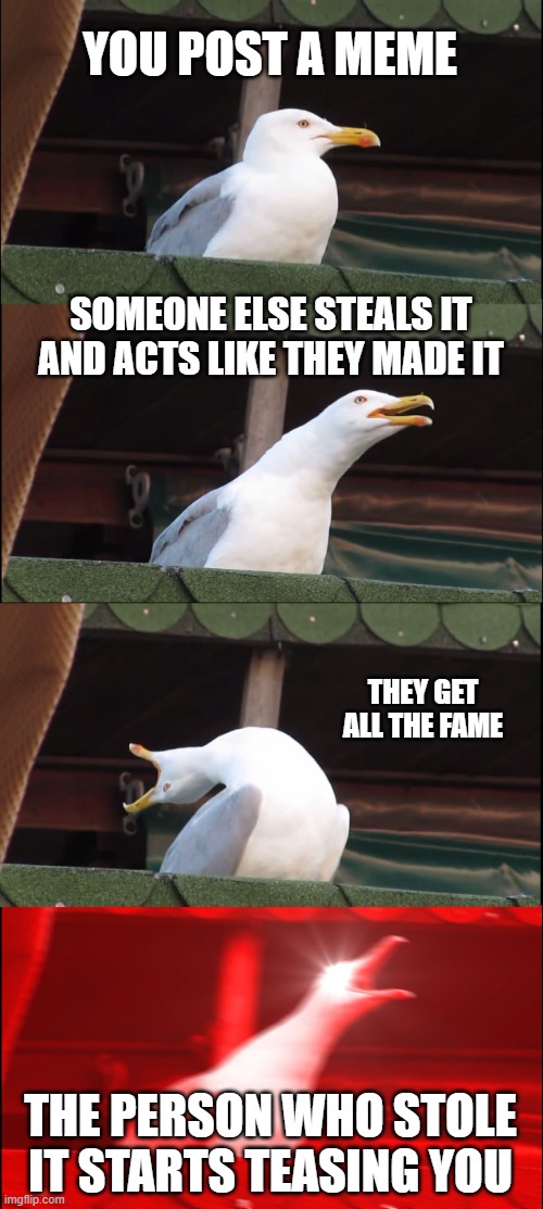 Youtubers these days | YOU POST A MEME; SOMEONE ELSE STEALS IT AND ACTS LIKE THEY MADE IT; THEY GET ALL THE FAME; THE PERSON WHO STOLE IT STARTS TEASING YOU | image tagged in memes,inhaling seagull | made w/ Imgflip meme maker