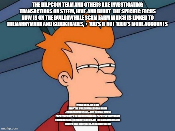 Futurama Fry Meme | THE BILPCOIN TEAM AND OTHERS ARE INVESTIGATING TRANSACTIONS ON STEEM, HIVE, AND BLURT  THE SPECIFIC FOCUS NOW IS ON THE BUILDAWHALE SCAM FARM WHICH IS LINKED TO THEMARKYMARK AND BLOCKTRADES, + 100'S IF NOT 1000'S MORE ACCOUNTS; WWW.BILPCOIN.COM

STOP THE BUILDAWHALE SCAM FARM

#BUILDAWHALESCAM #BUILDAWHALEFARM
GOGREENBUDDY GOGREENBUDDYFARM GOGREENBUDDYSCAM
THEMARKMARK THEMARKYMARKSCAM THEMARKYMARKFARM
ON HIVE HIVEIO HIVEBLOCKCHAIN HIVEBLOG | image tagged in memes,futurama fry | made w/ Imgflip meme maker