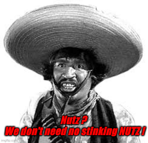 Badges we dont need no stinking badges | Nutz ? 
We don't need no stinking NUTZ ! | image tagged in badges we dont need no stinking badges | made w/ Imgflip meme maker