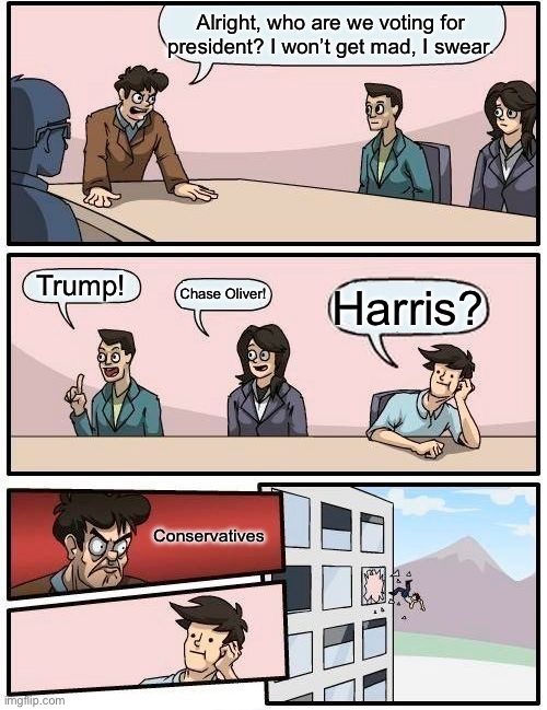 Vice versa as well. I swear the US is more divided than it was during the Civil War. | Alright, who are we voting for president? I won’t get mad, I swear. Trump! Chase Oliver! Harris? Conservatives | image tagged in memes,boardroom meeting suggestion | made w/ Imgflip meme maker