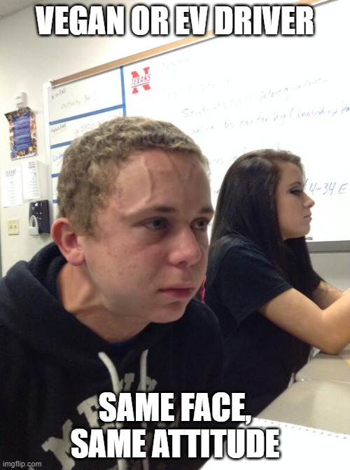 Hold fart | VEGAN OR EV DRIVER; SAME FACE, SAME ATTITUDE | image tagged in hold fart | made w/ Imgflip meme maker