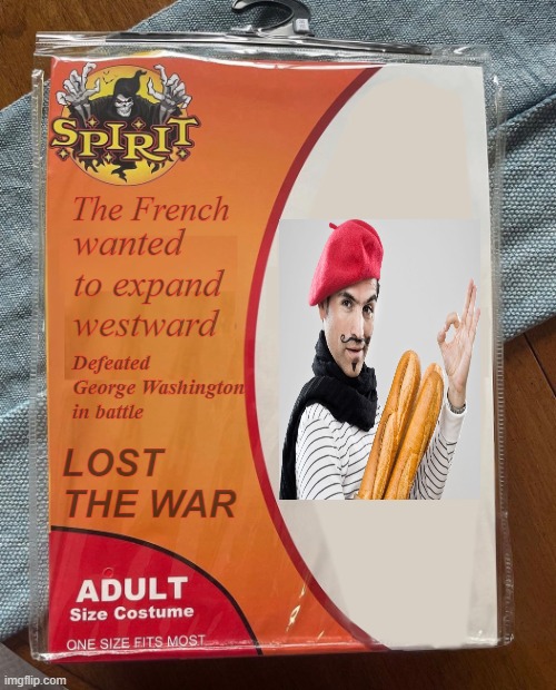 The French during the war be like: | The French; wanted to expand westward; Defeated George Washington in battle; LOST THE WAR | image tagged in spirit halloween | made w/ Imgflip meme maker