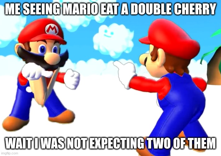 tow Mario's | ME SEEING MARIO EAT A DOUBLE CHERRY; WAIT I WAS NOT EXPECTING TWO OF THEM | image tagged in mario s pointing at each other,nintendo switch,3d animation,smg4 | made w/ Imgflip meme maker