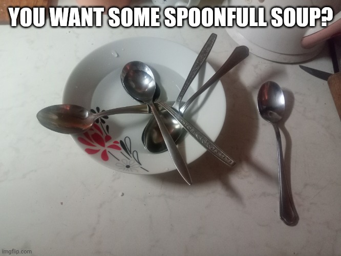 I got some spoonfull soup. | YOU WANT SOME SPOONFULL SOUP? | image tagged in spoofull soup full of spoons | made w/ Imgflip meme maker