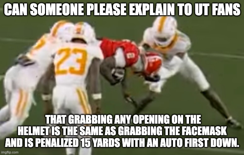 CAN SOMEONE PLEASE EXPLAIN TO UT FANS; THAT GRABBING ANY OPENING ON THE HELMET IS THE SAME AS GRABBING THE FACEMASK AND IS PENALIZED 15 YARDS WITH AN AUTO FIRST DOWN. | image tagged in georgia tennessee | made w/ Imgflip meme maker