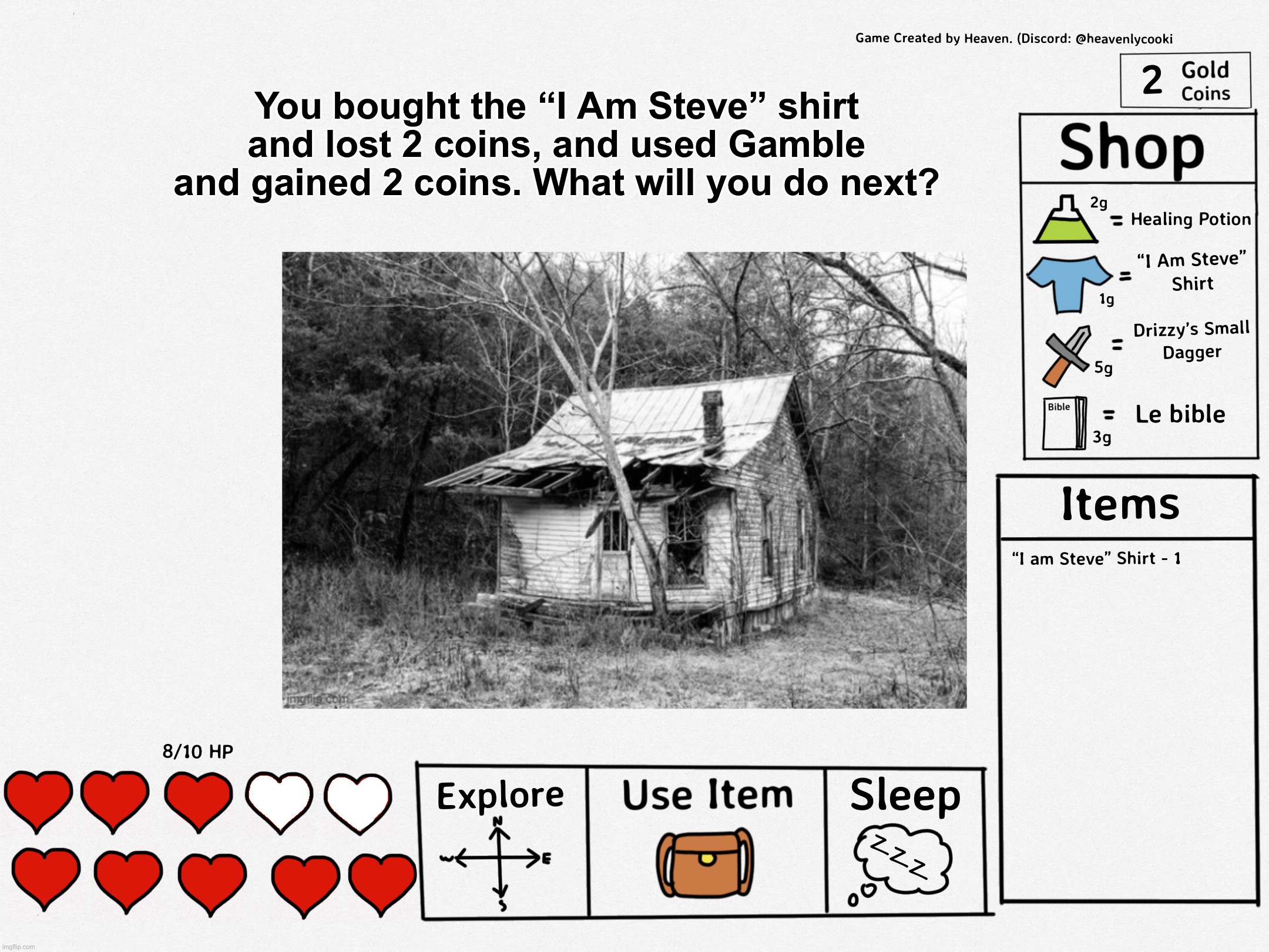 Why kill Yoshi :c | You bought the “I Am Steve” shirt and lost 2 coins, and used Gamble and gained 2 coins. What will you do next? | image tagged in adventures of msmg | made w/ Imgflip meme maker