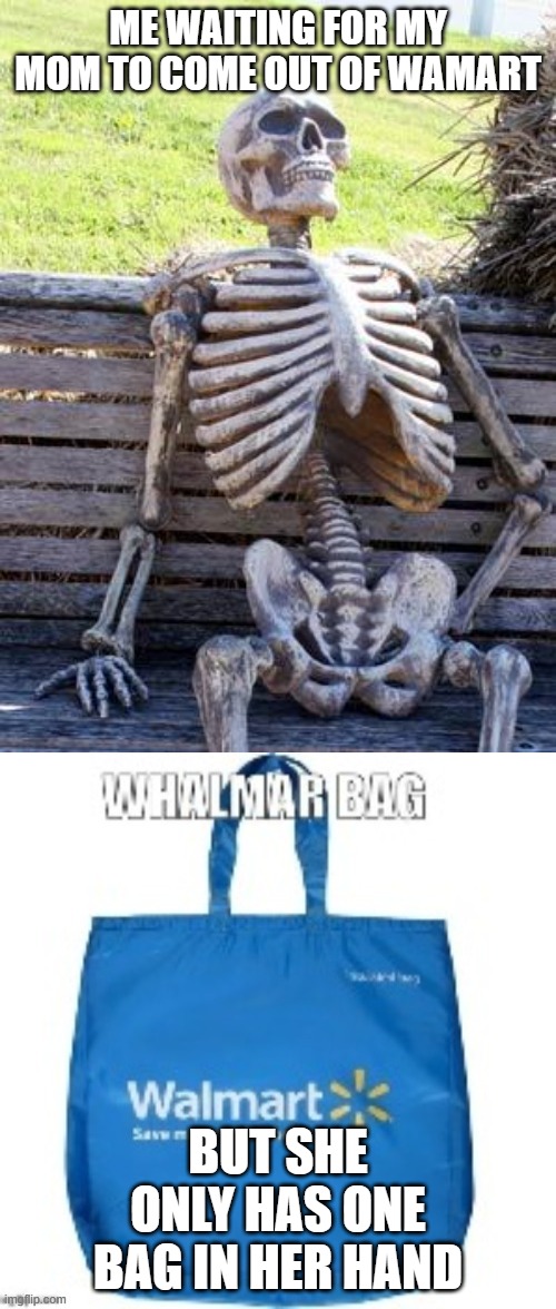 ME WAITING FOR MY MOM TO COME OUT OF WAMART; BUT SHE ONLY HAS ONE BAG IN HER HAND | image tagged in memes,waiting skeleton,walmart bag | made w/ Imgflip meme maker