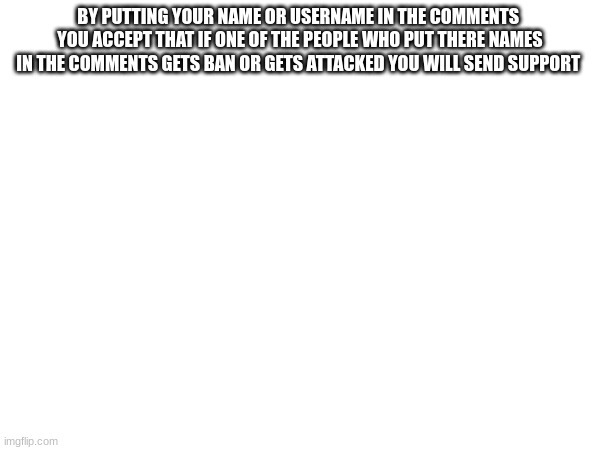 BY PUTTING YOUR NAME OR USERNAME IN THE COMMENTS 
YOU ACCEPT THAT IF ONE OF THE PEOPLE WHO PUT THERE NAMES IN THE COMMENTS GETS BAN OR GETS ATTACKED YOU WILL SEND SUPPORT | made w/ Imgflip meme maker