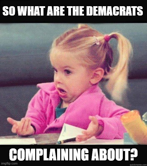 SO WHAT ARE THE DEMACRATS COMPLAINING ABOUT? | image tagged in dafuq girl | made w/ Imgflip meme maker