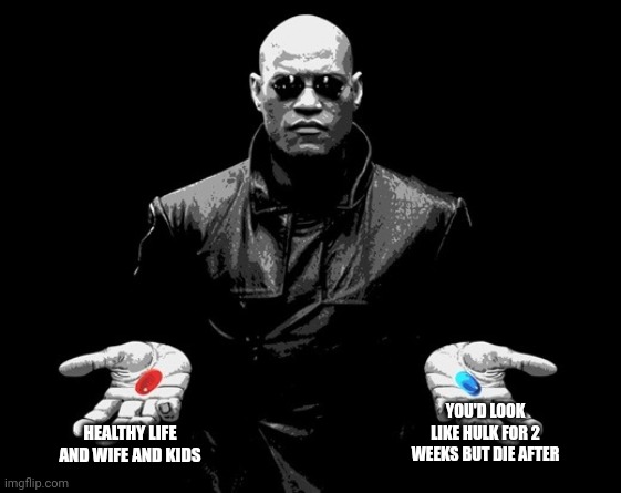 morpheus matrix blue pill red pill | HEALTHY LIFE AND WIFE AND KIDS; YOU'D LOOK LIKE HULK FOR 2 WEEKS BUT DIE AFTER | image tagged in morpheus matrix blue pill red pill | made w/ Imgflip meme maker