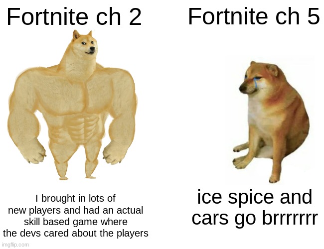 "Insert Funny Title Here" | Fortnite ch 2; Fortnite ch 5; I brought in lots of new players and had an actual skill based game where the devs cared about the players; ice spice and cars go brrrrrrr | image tagged in memes,buff doge vs cheems | made w/ Imgflip meme maker