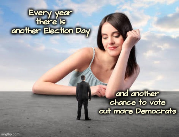 Giant woman | Every year there is another Election Day and another chance to vote out more Democrats | image tagged in giant woman | made w/ Imgflip meme maker