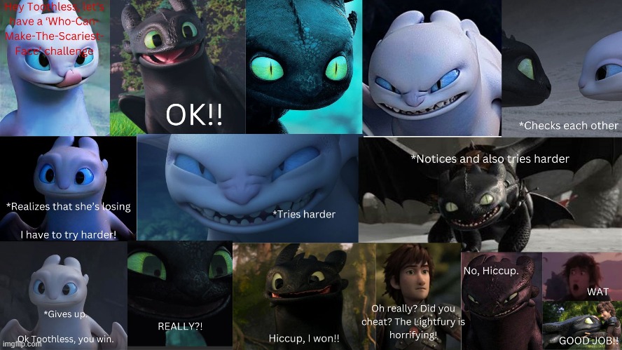 Who can make the scariest face challenge between the Lightfury and Toothless | image tagged in rawr | made w/ Imgflip meme maker