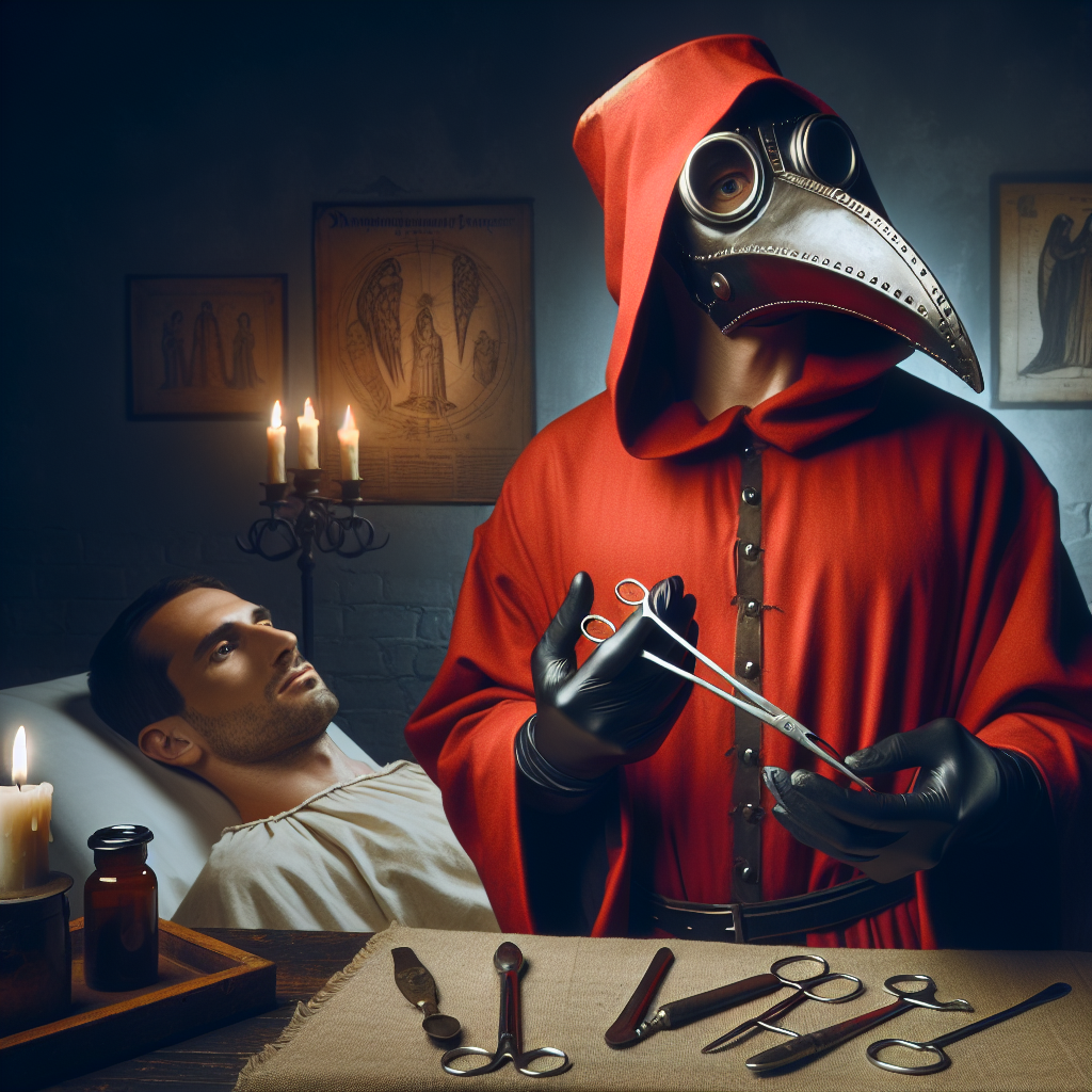 a red plague doctor messing up giving a patient treatment Blank Meme Template