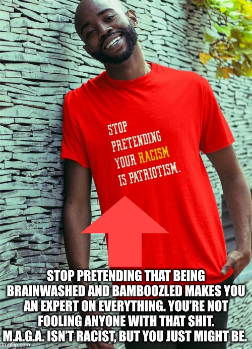 STOP PRETENDING THAT BEING BRAINWASHED AND BAMBOOZLED MAKES YOU AN EXPERT ON EVERYTHING. YOU’RE NOT FOOLING ANYONE WITH THAT SHIT. M.A.G.A. ISN’T RACIST, BUT YOU JUST MIGHT BE. | made w/ Imgflip meme maker