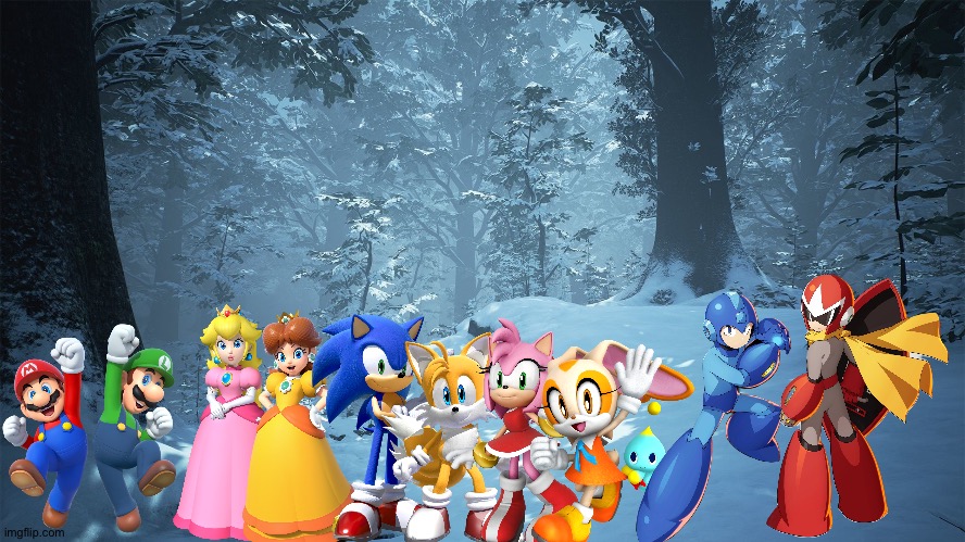 Mario and friends having a adventure in the snowy forest | image tagged in snowy forest background,super mario bros,megaman,sonic the hedgehog,crossover | made w/ Imgflip meme maker