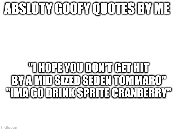 goofy qoutes | ABSLOTY GOOFY QUOTES BY ME; "I HOPE YOU DON'T GET HIT BY A MID SIZED SEDEN TOMMARO"
"IMA GO DRINK SPRITE CRANBERRY" | image tagged in goofy memes | made w/ Imgflip meme maker