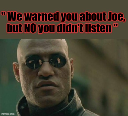 Hey it's Just a Movie. | " We warned you about Joe, but NO you didn't listen " | image tagged in memes,matrix morpheus | made w/ Imgflip meme maker