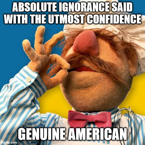 Swedish Chef | ABSOLUTE IGNORANCE SAID WITH THE UTMOST CONFIDENCE; GENUINE AMERICAN | image tagged in swedish chef | made w/ Imgflip meme maker