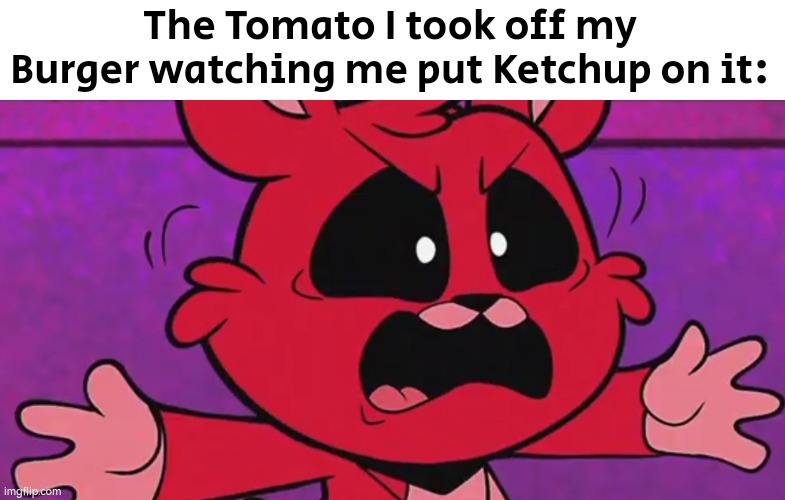 Sorry Tomato, but I prefer Ketchup. | The Tomato I took off my Burger watching me put Ketchup on it: | image tagged in memes,funny,tomato,ketchup | made w/ Imgflip meme maker