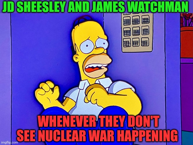 Homer scared | JD SHEESLEY AND JAMES WATCHMAN; WHENEVER THEY DON'T SEE NUCLEAR WAR HAPPENING | image tagged in homer scared | made w/ Imgflip meme maker