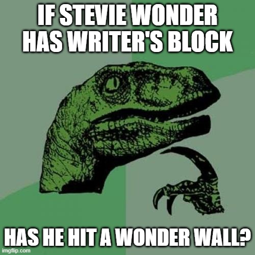 Philosoraptor | IF STEVIE WONDER HAS WRITER'S BLOCK; HAS HE HIT A WONDER WALL? | image tagged in memes,philosoraptor,jokes,stevie wonder,oasis,music | made w/ Imgflip meme maker