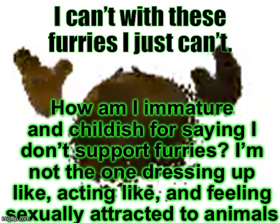 Black text and green outline is pretty nice | I can’t with these furries I just can’t. How am I immature and childish for saying I don’t support furries? I’m not the one dressing up like, acting like, and feeling sexually attracted to animals | image tagged in e | made w/ Imgflip meme maker