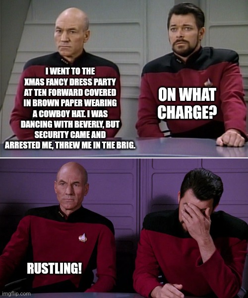 Festive frolics... | I WENT TO THE XMAS FANCY DRESS PARTY AT TEN FORWARD COVERED IN BROWN PAPER WEARING A COWBOY HAT. I WAS DANCING WITH BEVERLY, BUT SECURITY CAME AND ARRESTED ME, THREW ME IN THE BRIG. ON WHAT CHARGE? RUSTLING! | image tagged in picard riker | made w/ Imgflip meme maker