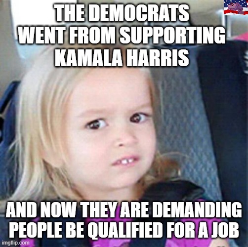 Confused Little Girl | THE DEMOCRATS WENT FROM SUPPORTING KAMALA HARRIS; AND NOW THEY ARE DEMANDING PEOPLE BE QUALIFIED FOR A JOB | image tagged in confused little girl | made w/ Imgflip meme maker