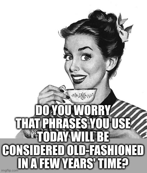 Retro woman teacup | DO YOU WORRY THAT PHRASES YOU USE TODAY WILL BE CONSIDERED OLD-FASHIONED IN A FEW YEARS' TIME? | image tagged in retro woman teacup | made w/ Imgflip meme maker