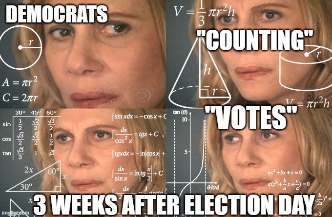 Calculating meme | DEMOCRATS; "COUNTING"; "VOTES"; 3 WEEKS AFTER ELECTION DAY | image tagged in calculating meme | made w/ Imgflip meme maker