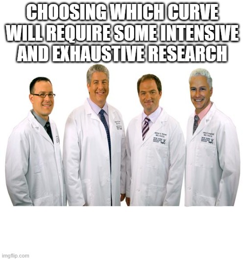 CHOOSING WHICH CURVE WILL REQUIRE SOME INTENSIVE AND EXHAUSTIVE RESEARCH | image tagged in a group of scientists | made w/ Imgflip meme maker