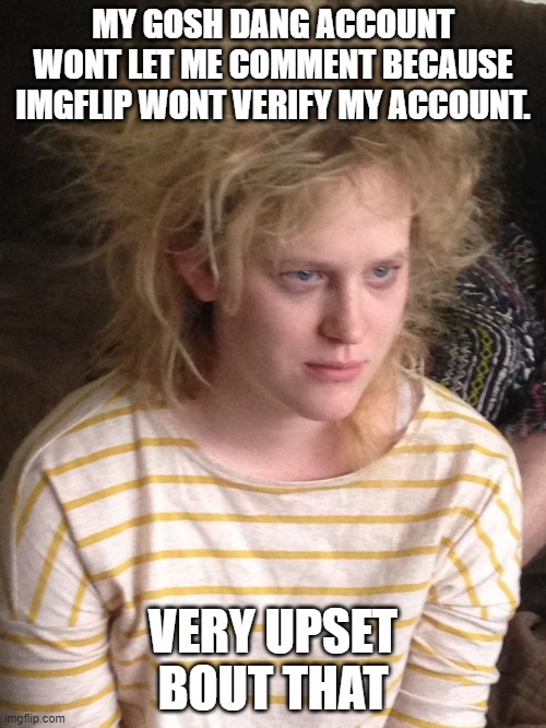 *~*title*~* | MY GOSH DANG ACCOUNT WONT LET ME COMMENT BECAUSE IMGFLIP WONT VERIFY MY ACCOUNT. VERY UPSET BOUT THAT | image tagged in frazzled felicia,upset | made w/ Imgflip meme maker