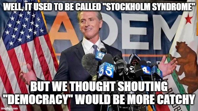 Stockholm Syndrome | WELL, IT USED TO BE CALLED "STOCKHOLM SYNDROME" BUT WE THOUGHT SHOUTING "DEMOCRACY" WOULD BE MORE CATCHY | image tagged in stockholm syndrome | made w/ Imgflip meme maker