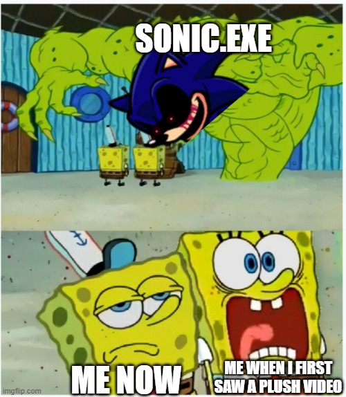 Me to Sonic.exe Then Vs Now | SONIC.EXE; ME NOW; ME WHEN I FIRST SAW A PLUSH VIDEO | image tagged in spongebob squarepants scared but also not scared | made w/ Imgflip meme maker