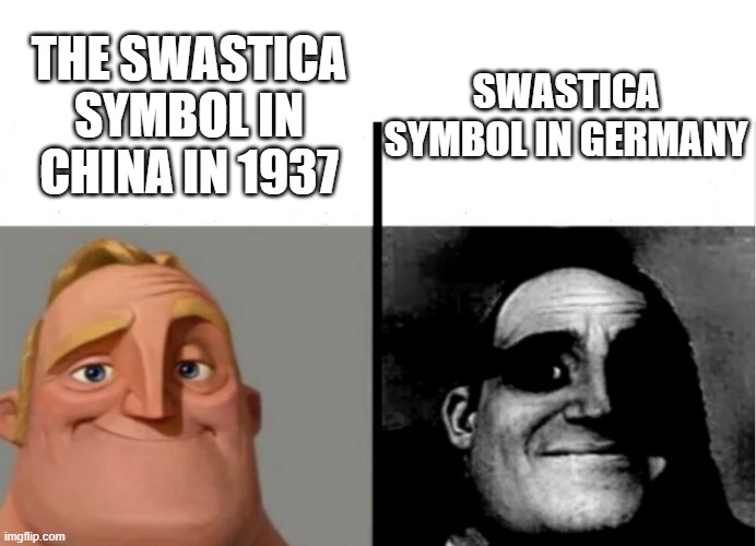 For those who know | SWASTICA SYMBOL IN GERMANY; THE SWASTICA SYMBOL IN CHINA IN 1937 | image tagged in teacher's copy | made w/ Imgflip meme maker